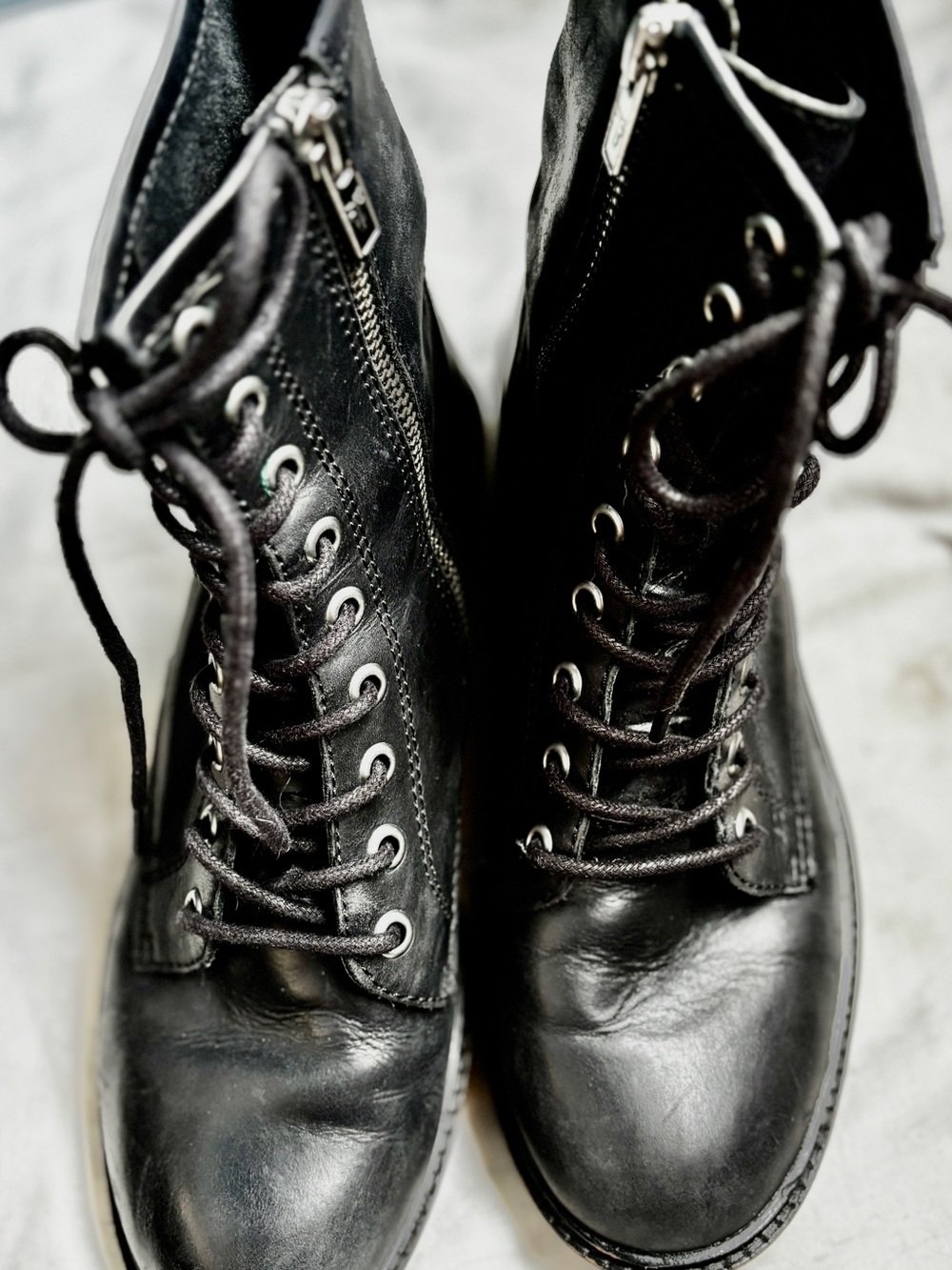 Frye Tyler Double Zip Leather Combat Boots Black Lace Up Cap Toe Lug Sole Sz 7